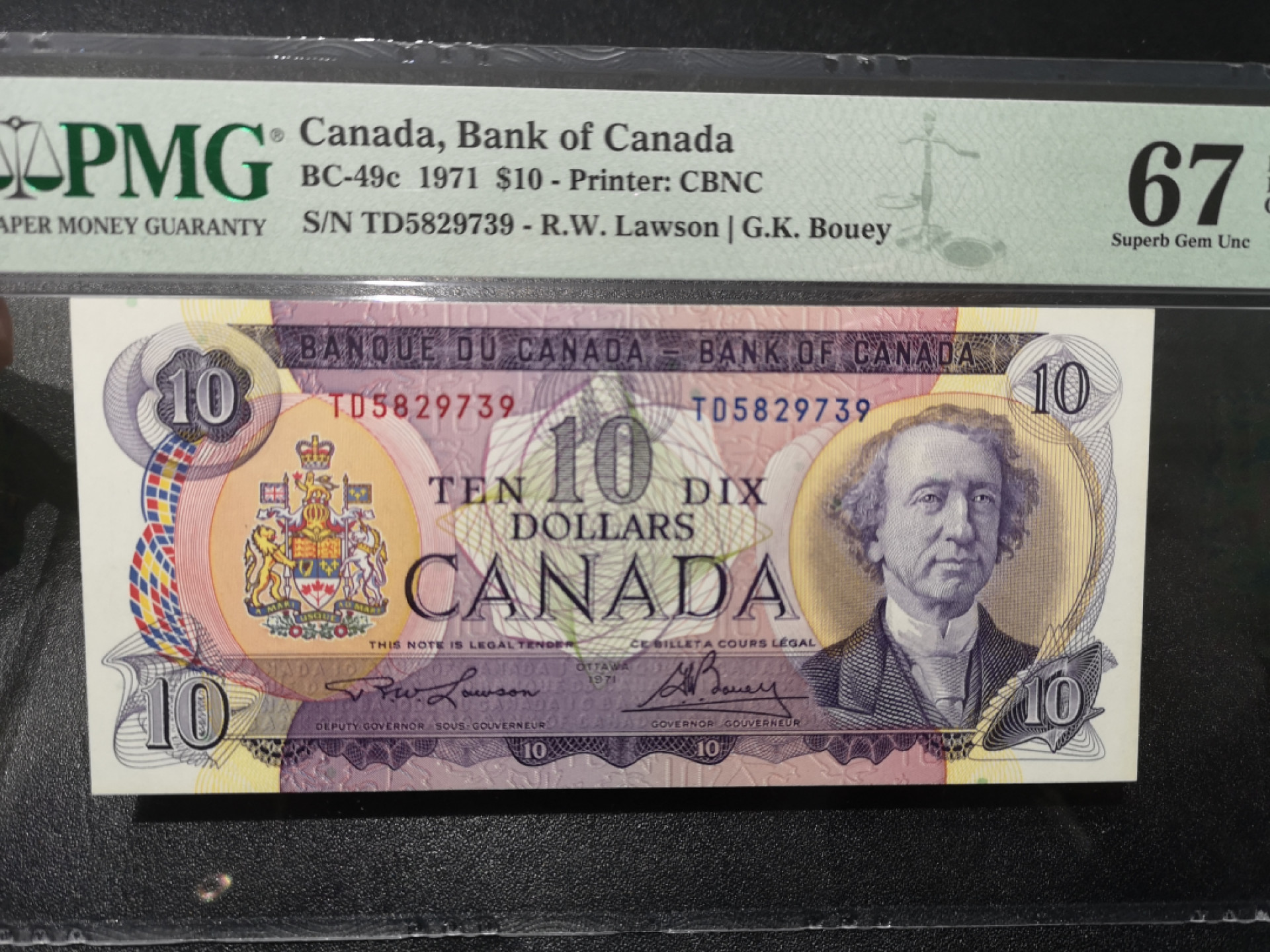 外钞收藏家》第一百七十六期拍卖 1971年加拿大10元 PMG67