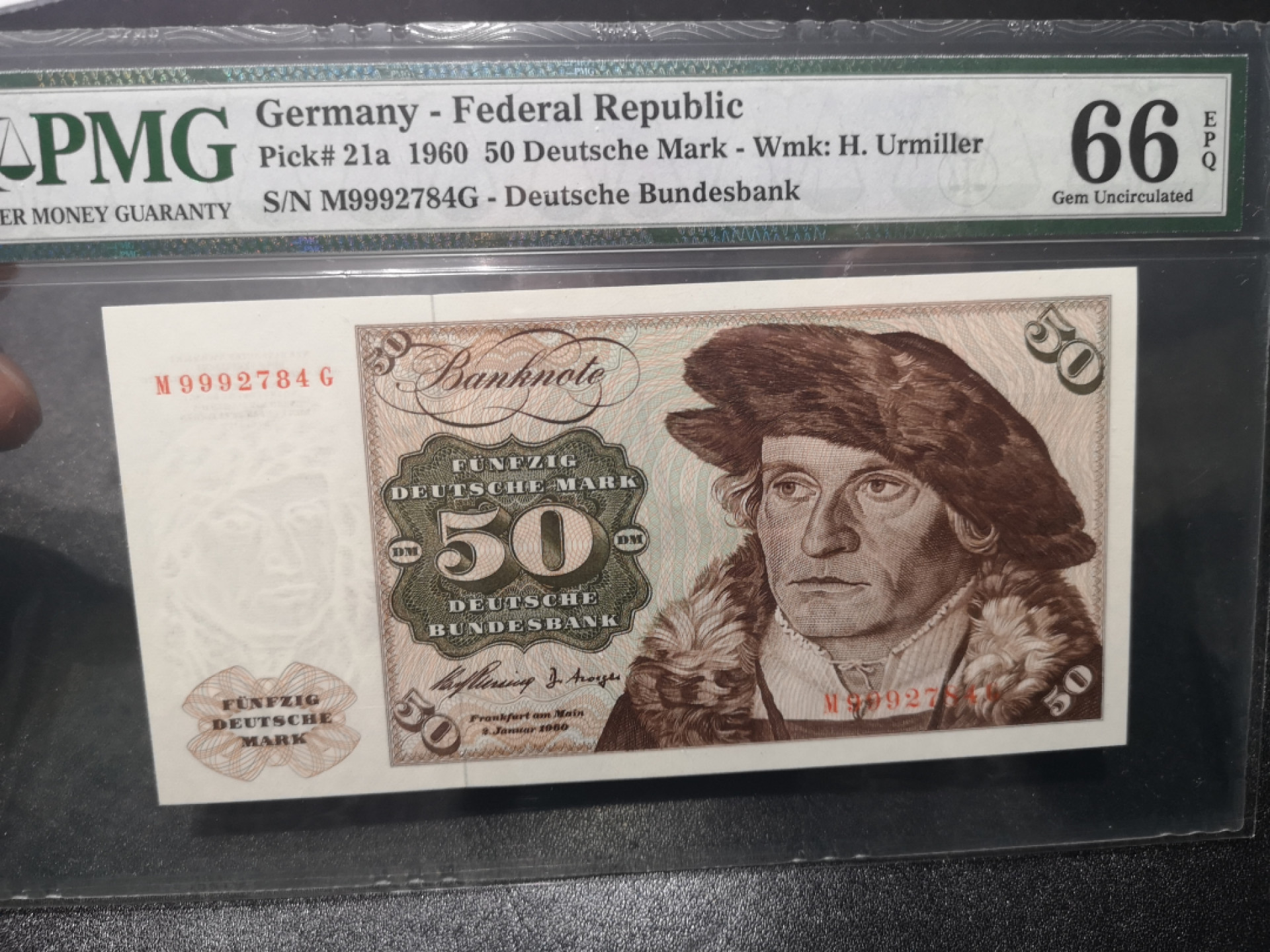《外钞收藏家》第一百六十五期拍卖（本期80件） 1960年德国50马克 PMG66 初版 稀少