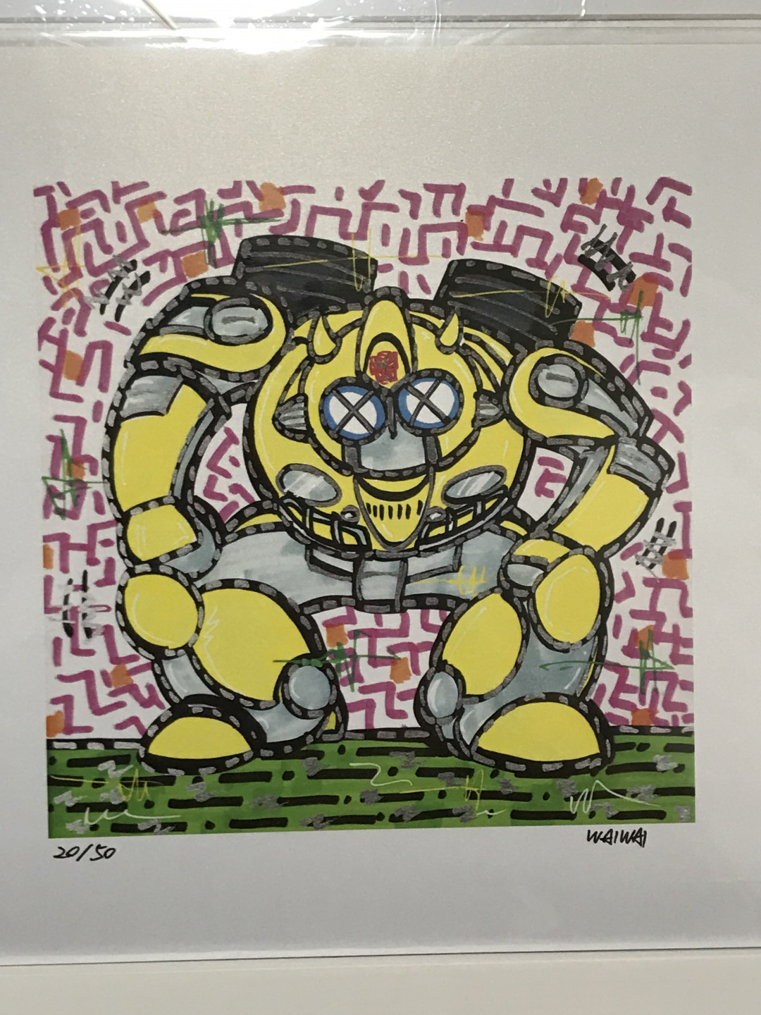 零元拍：歪歪亲笔签名 OWSON系列插画复制画《大黄蜂》，尺寸约22/22厘米，拍品不含镜框