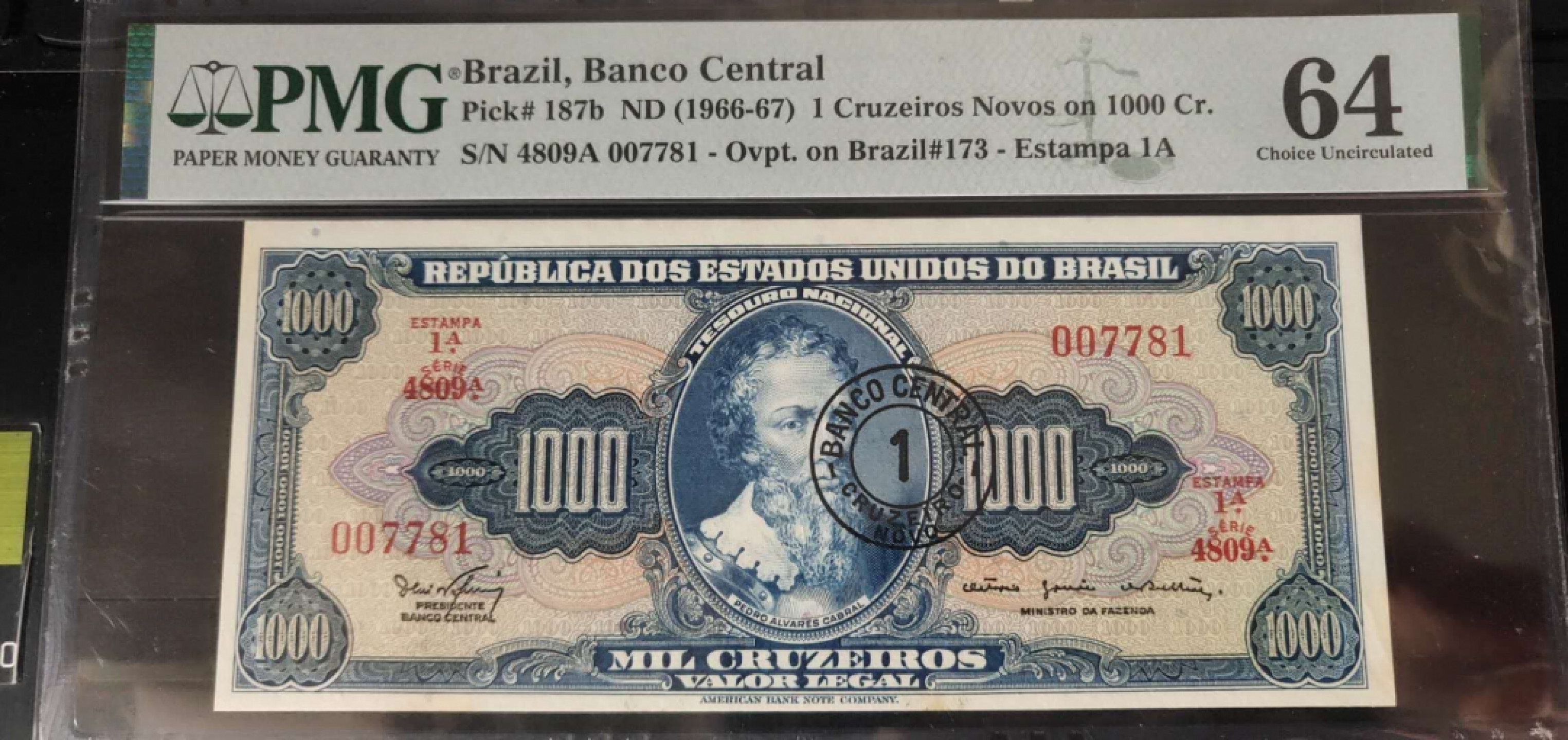 N&C 第十七期：惠友场 1966－67巴西1000克鲁塞罗 稀少蓝色版本 PMG64