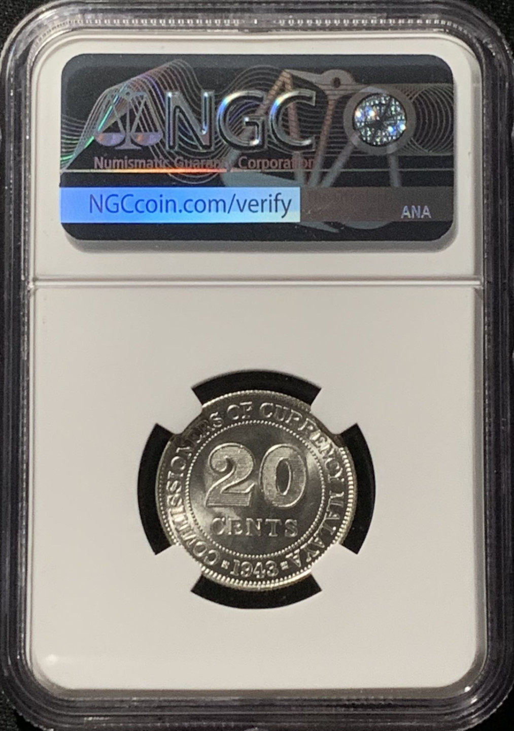 紫瑗钱币——第166期拍卖 马来亚 1943年 乔治六世 20分 银币 NGC MS63