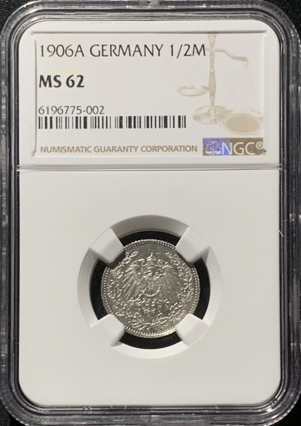 紫瑗钱币——第166期拍卖 德国 1906年 A版 第二帝国 1/2马克 银币 NGC MS62