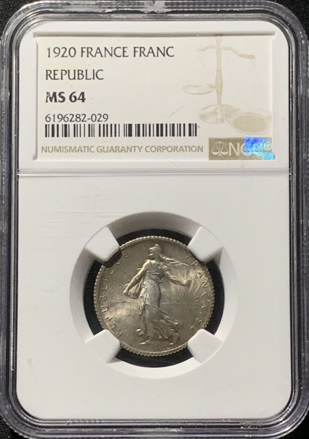 紫瑗钱币——第166期拍卖 法国 1920年 播种女神 1法郎 银币 NGC MS64 环彩