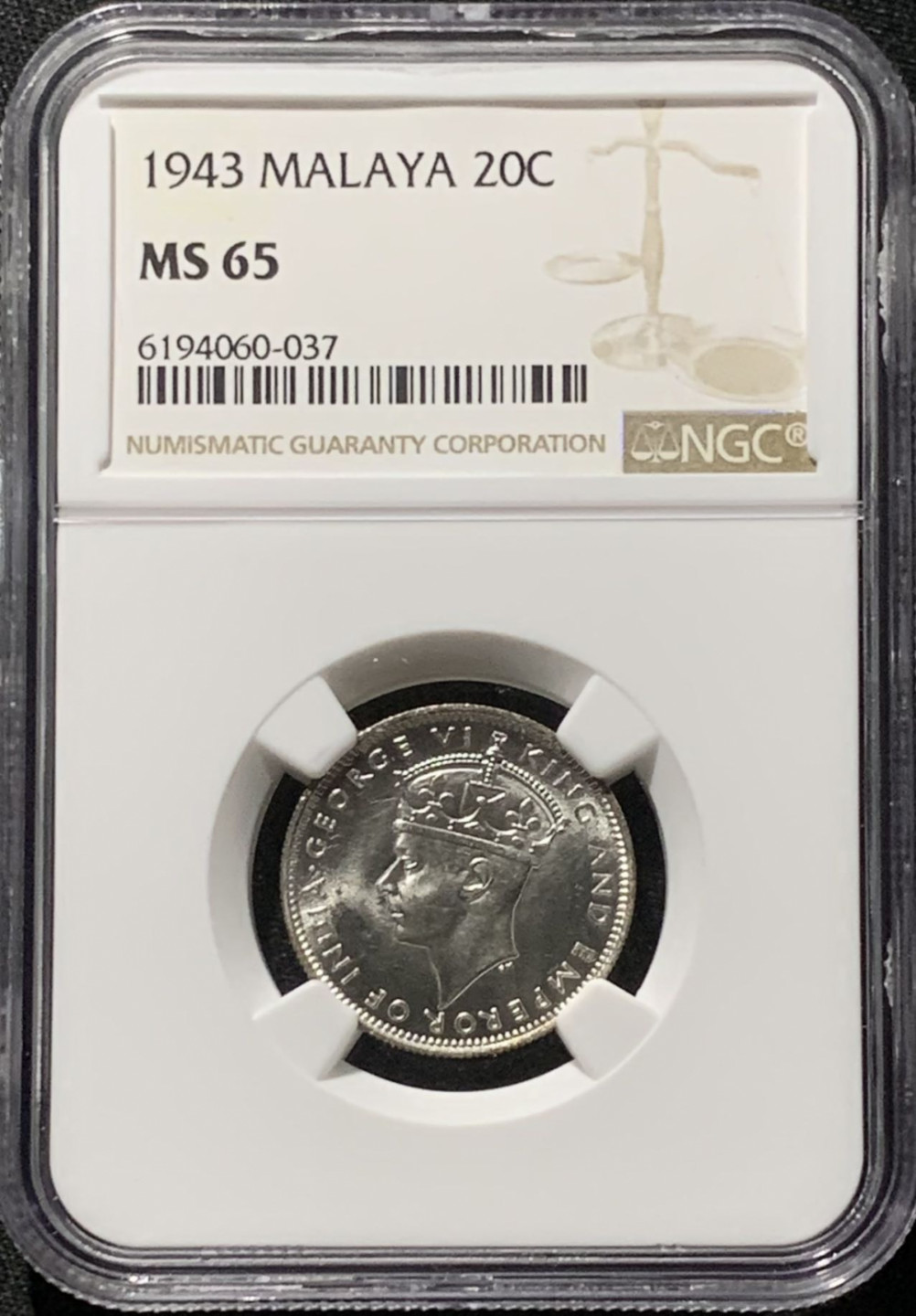紫瑗钱币——第166期拍卖 马来亚 1943年 乔治六世 20分 银币 NGC MS65