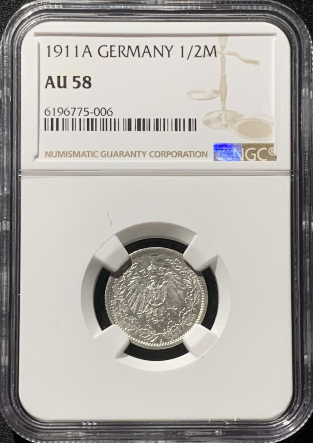 紫瑗钱币——第166期拍卖 德国 1911年 A版 第二帝国 1/2马克 银币 NGC AU58