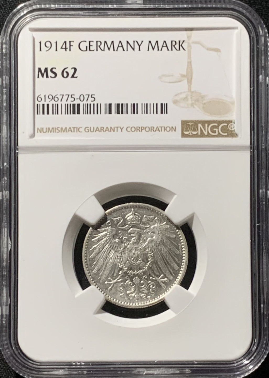 紫瑗钱币——第166期拍卖 德国 1914年 F版 第二帝国 长翅 1马克 银币 NGC MS62
