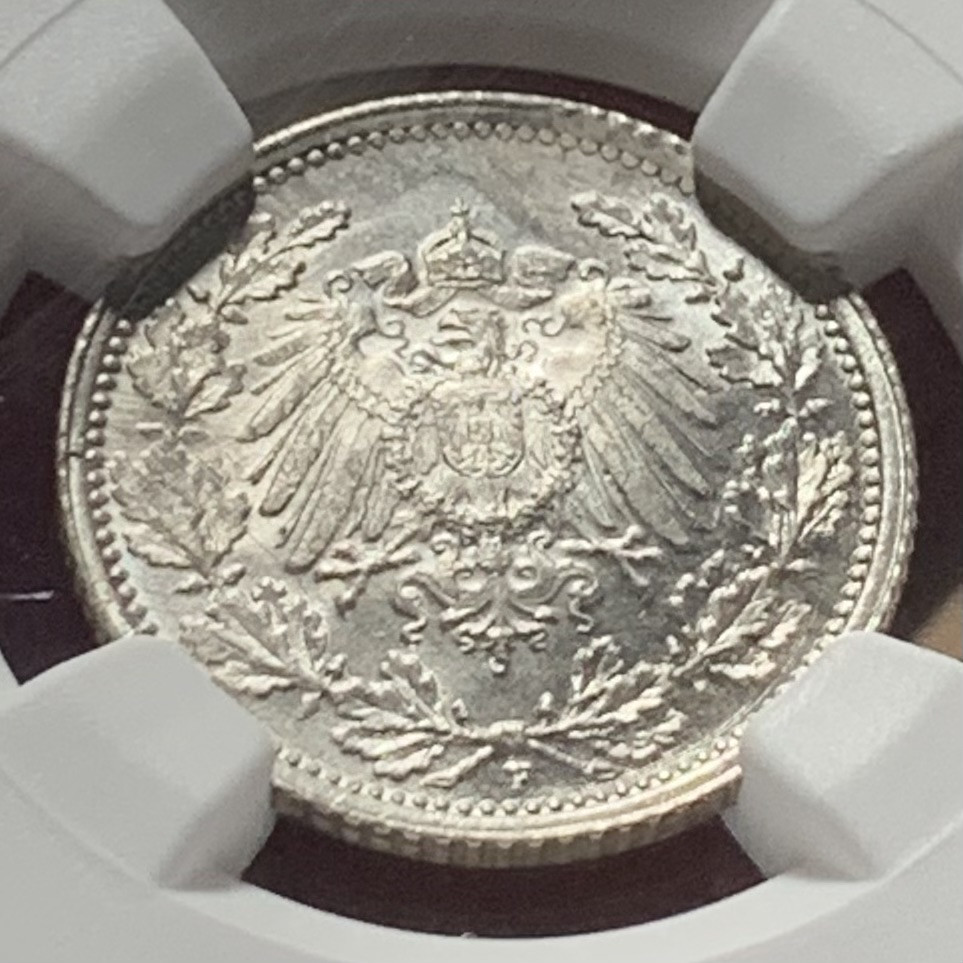 紫瑗钱币——第166期拍卖 德国 1918年 F版 第二帝国 1/2马克 银币 NGC MS65