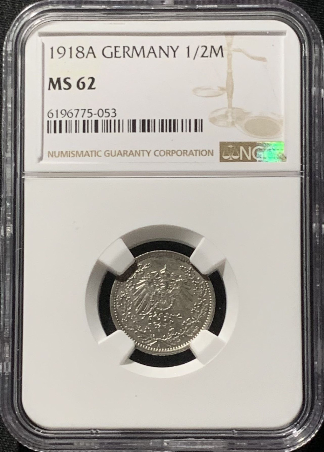 紫瑗钱币——第166期拍卖 德国 1918年 A版 第二帝国 1/2马克 银币 NGC MS62