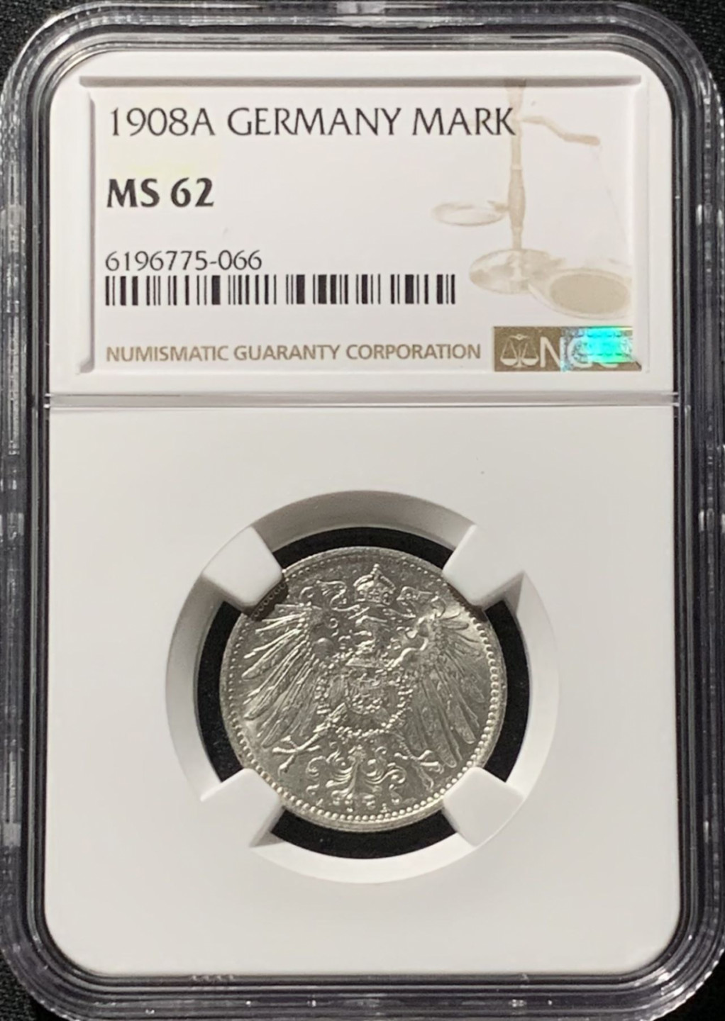 紫瑗钱币——第166期拍卖 德国 1908年 A版 第二帝国 长翅 1马克 银币 NGC MS62