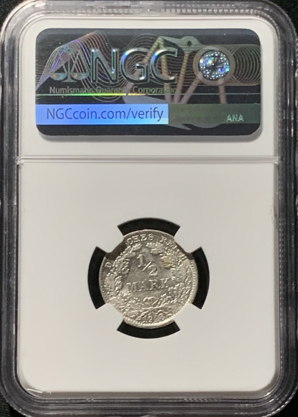 紫瑗钱币——第166期拍卖 德国 1918年 F版 第二帝国 1/2马克 银币 NGC MS62