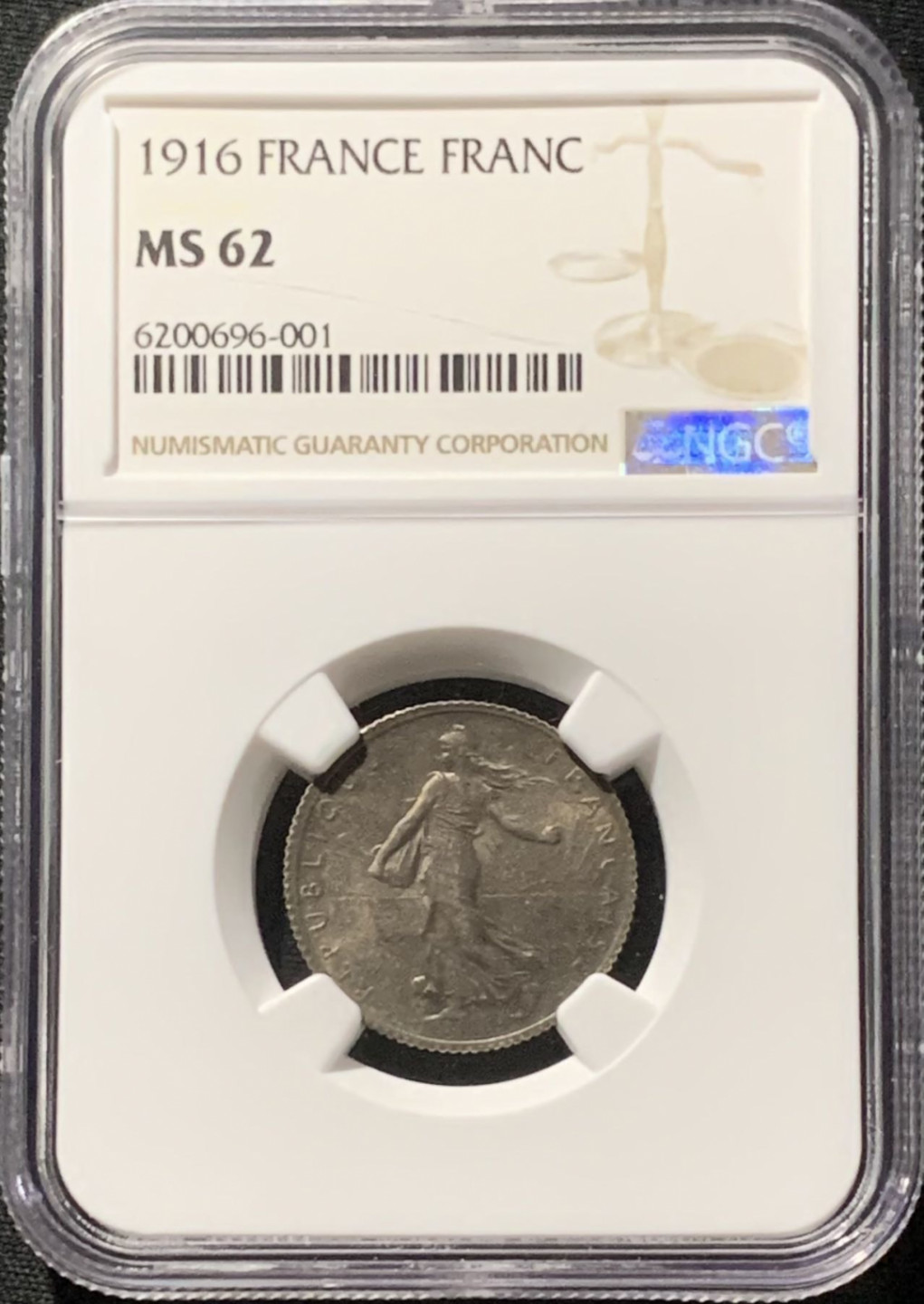 紫瑗钱币——第166期拍卖 法国 1916年 播种女神 1法郎 银币 NGC MS62 黑白双煞