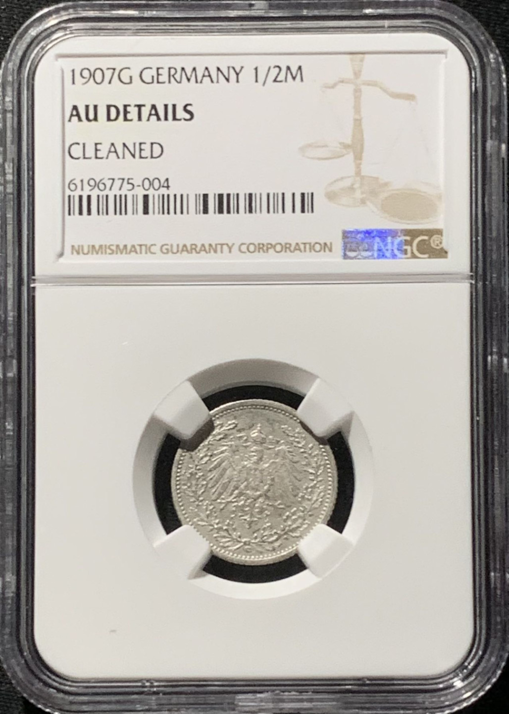 紫瑗钱币——第166期拍卖 德国 1907年 G版 第二帝国 1/2马克 银币 NGC AU Detail