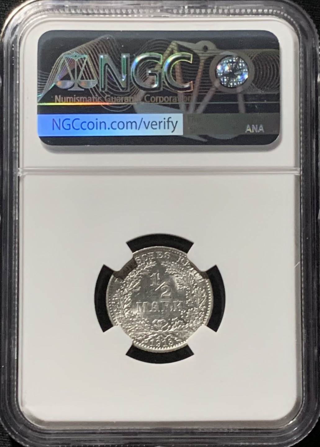 紫瑗钱币——第166期拍卖 德国 1913年 A版 第二帝国 1/2马克 银币 NGC MS62