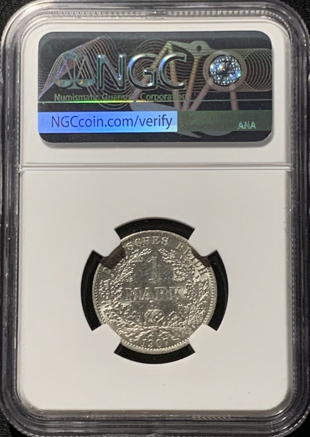 紫瑗钱币——第166期拍卖 德国 1907年 A版 第二帝国 长翅 1马克 银币 NGC MS61