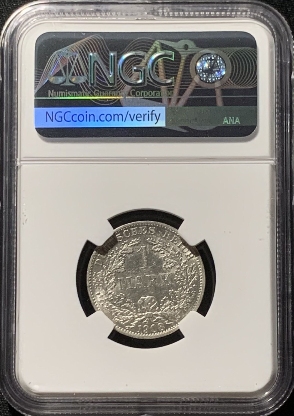 紫瑗钱币——第166期拍卖 德国 1908年 A版 第二帝国 长翅 1马克 银币 NGC MS62