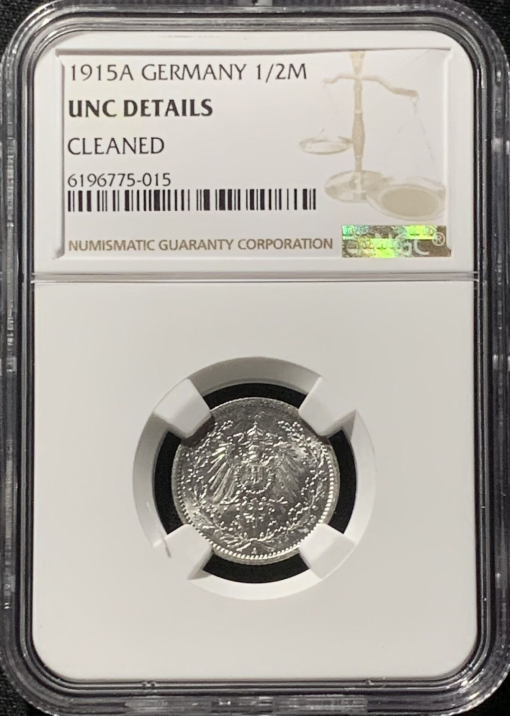 紫瑗钱币——第166期拍卖 德国 1915年 A版 第二帝国 1/2马克 银币 NGC UNC Detail