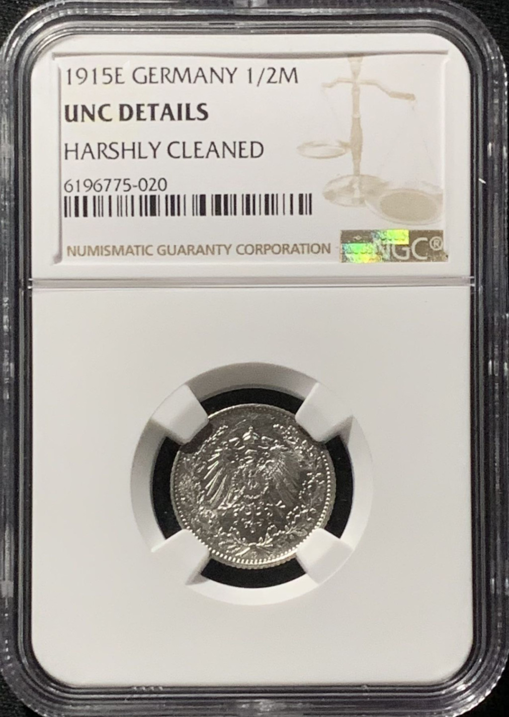 紫瑗钱币——第166期拍卖 德国 1915年 E版 第二帝国 1/2马克 银币 NGC UNC Detail