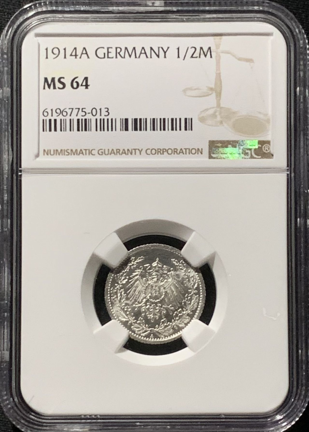 紫瑗钱币——第166期拍卖 德国 1914年 A版 第二帝国 1/2马克 银币 NGC MS64