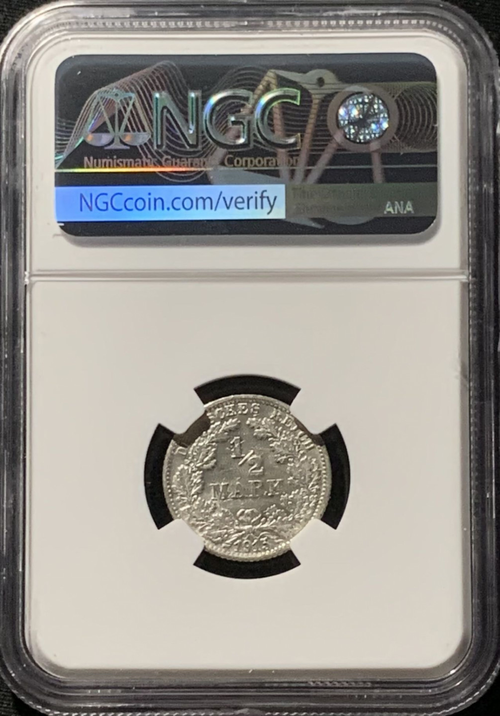 紫瑗钱币——第166期拍卖 德国 1915年 F版 第二帝国 1/2马克 银币 NGC AU58