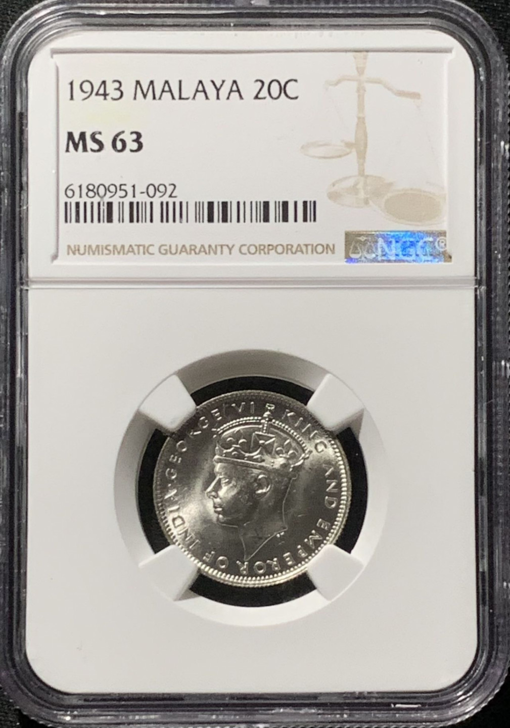 紫瑗钱币——第166期拍卖 马来亚 1943年 乔治六世 20分 银币 NGC MS63