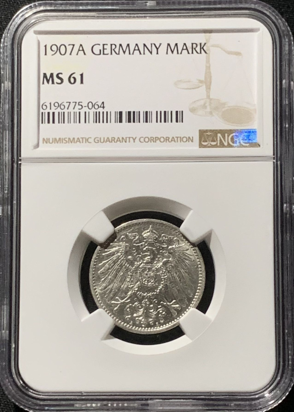 紫瑗钱币——第166期拍卖 德国 1907年 A版 第二帝国 长翅 1马克 银币 NGC MS61