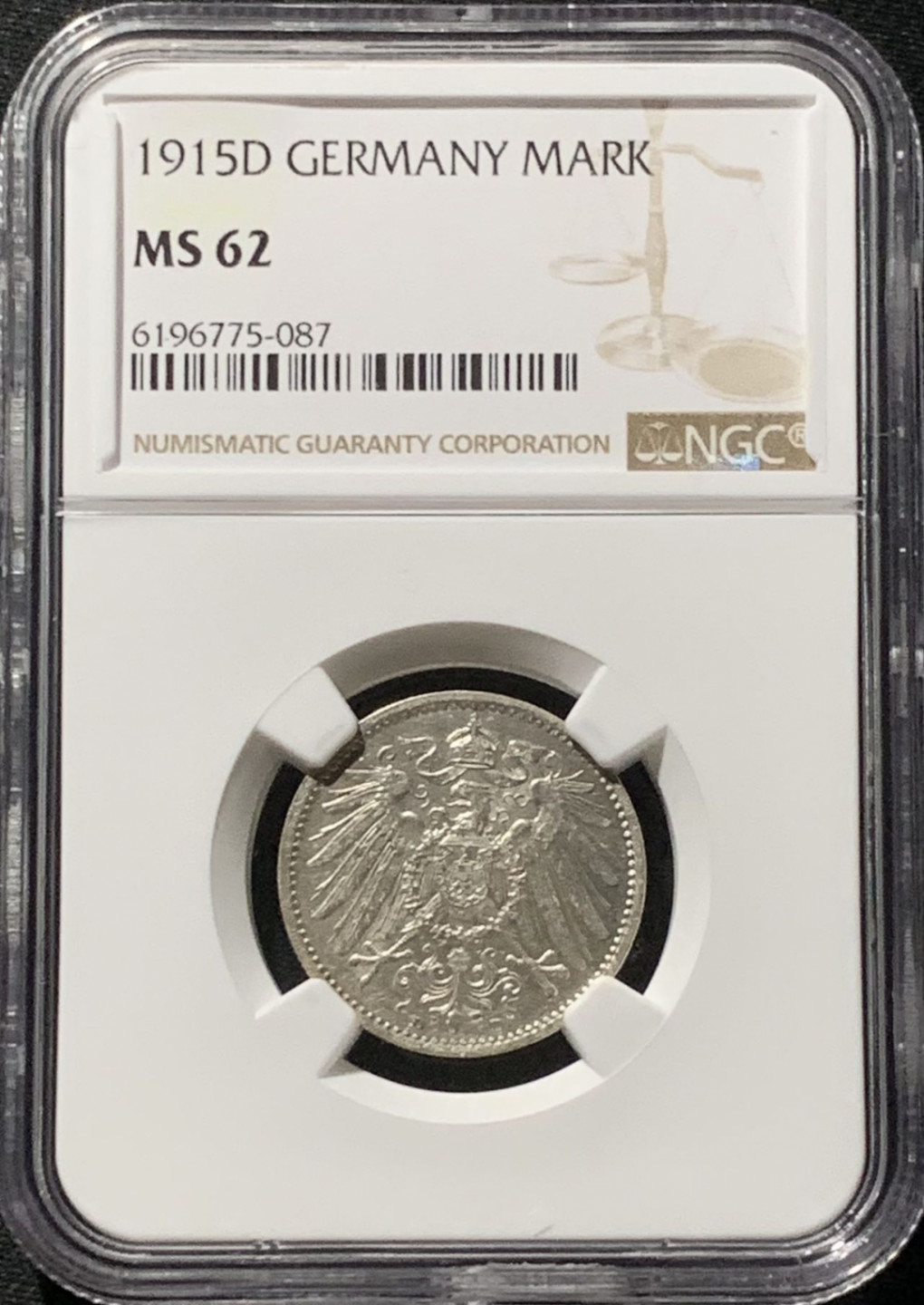紫瑗钱币——第166期拍卖 德国 1915年 D版 第二帝国 长翅 1马克 银币 NGC MS62