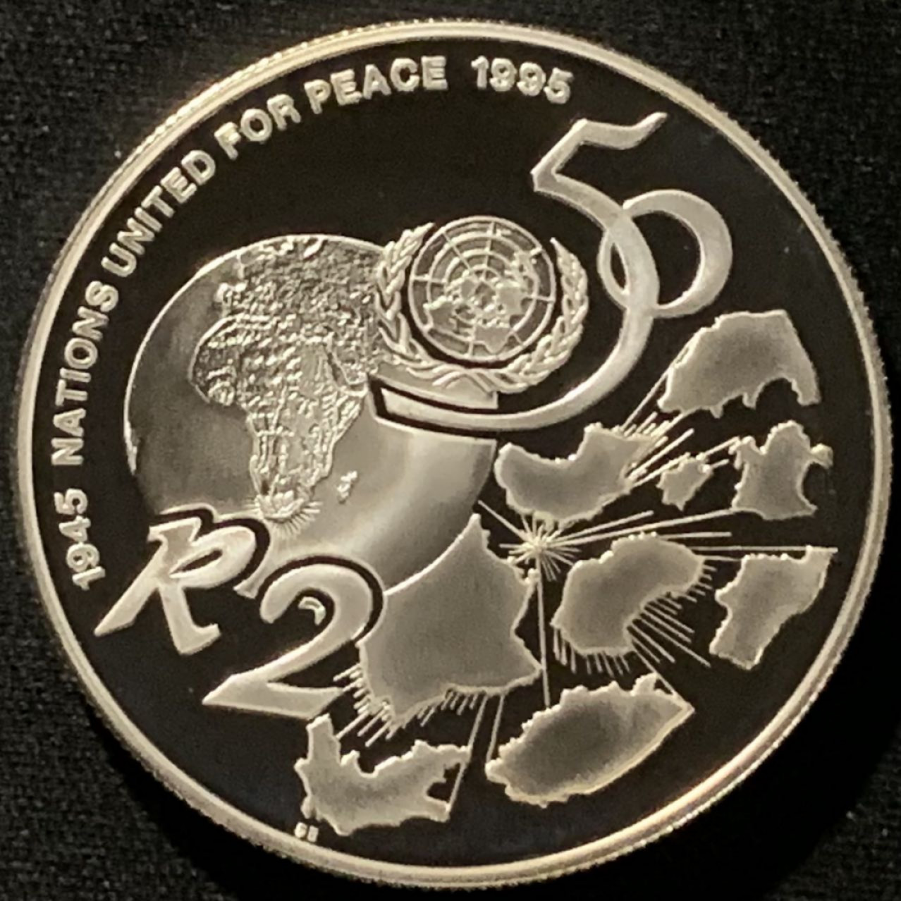 紫瑗钱币——第166期拍卖 南非 1995年 联合国成立50周年 2兰特 33.62克 0.925银 精制