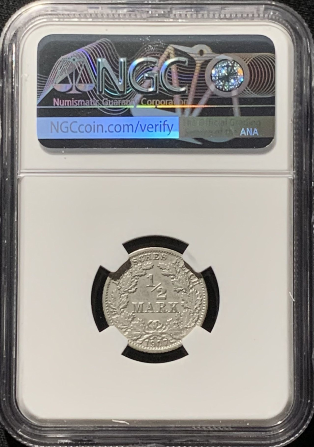 紫瑗钱币——第166期拍卖 德国 1907年 G版 第二帝国 1/2马克 银币 NGC AU Detail