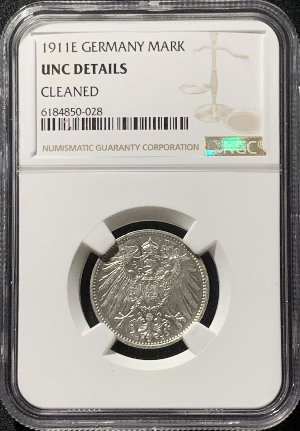 紫瑗钱币——第166期拍卖 德国 1911年 E版 第二帝国 长翅 1马克 银币 NGC UNC Detail