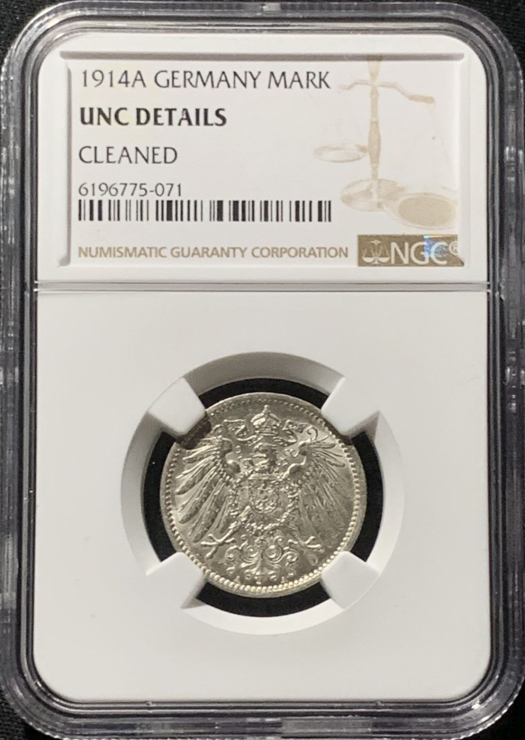 紫瑗钱币——第166期拍卖 德国 1914年 A版 第二帝国 长翅 1马克 银币 NGC UNC Detail