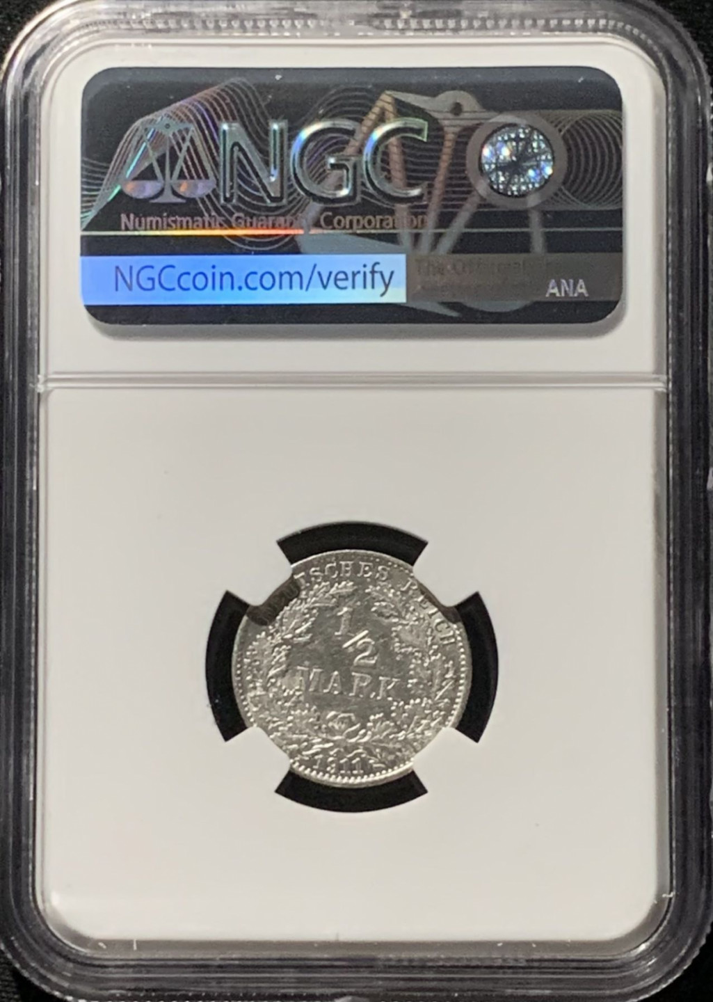 紫瑗钱币——第166期拍卖 德国 1911年 A版 第二帝国 1/2马克 银币 NGC AU58