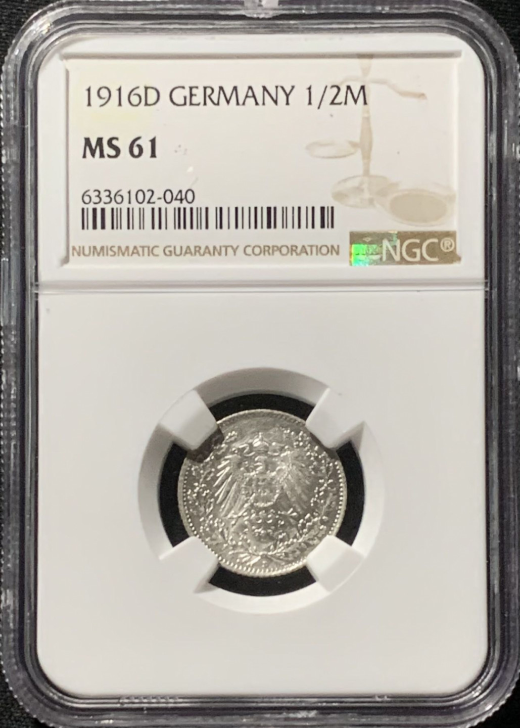 紫瑗钱币——第166期拍卖 德国 1916年 D版 第二帝国 1/2马克 银币 NGC MS61