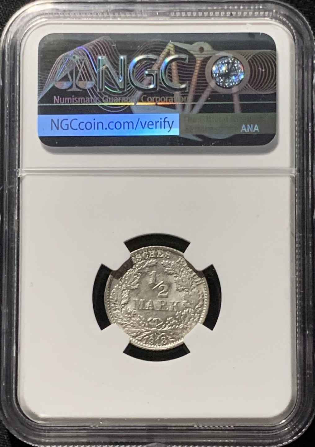 紫瑗钱币——第166期拍卖 德国 1918年 F版 第二帝国 1/2马克 银币 NGC MS65