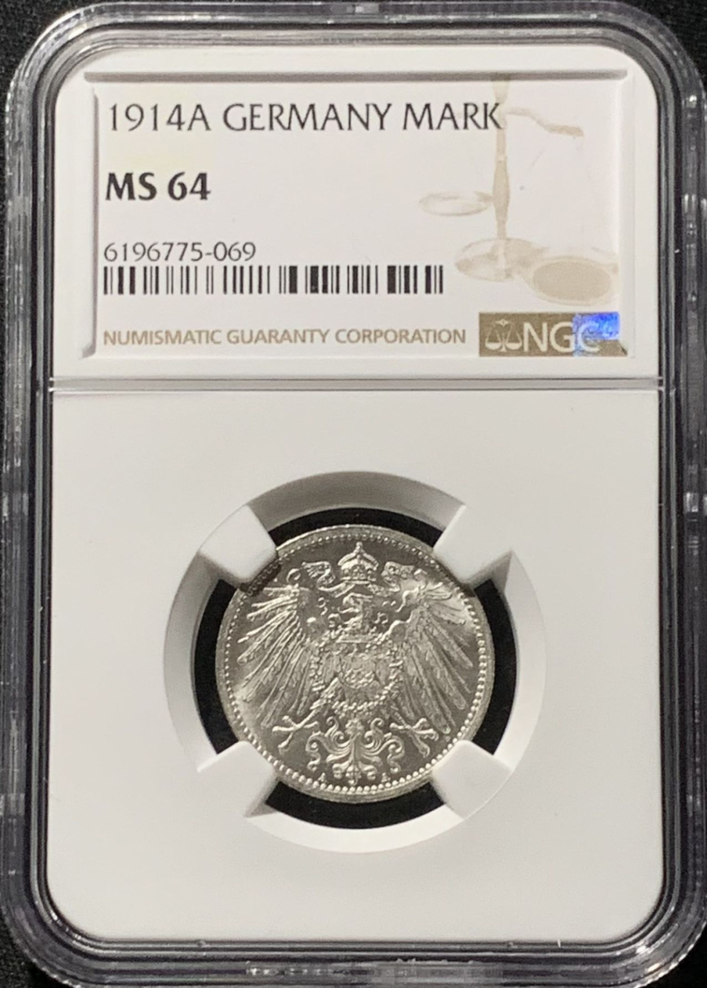 紫瑗钱币——第166期拍卖 德国 1914年 A版 第二帝国 长翅 1马克 银币 NGC MS64