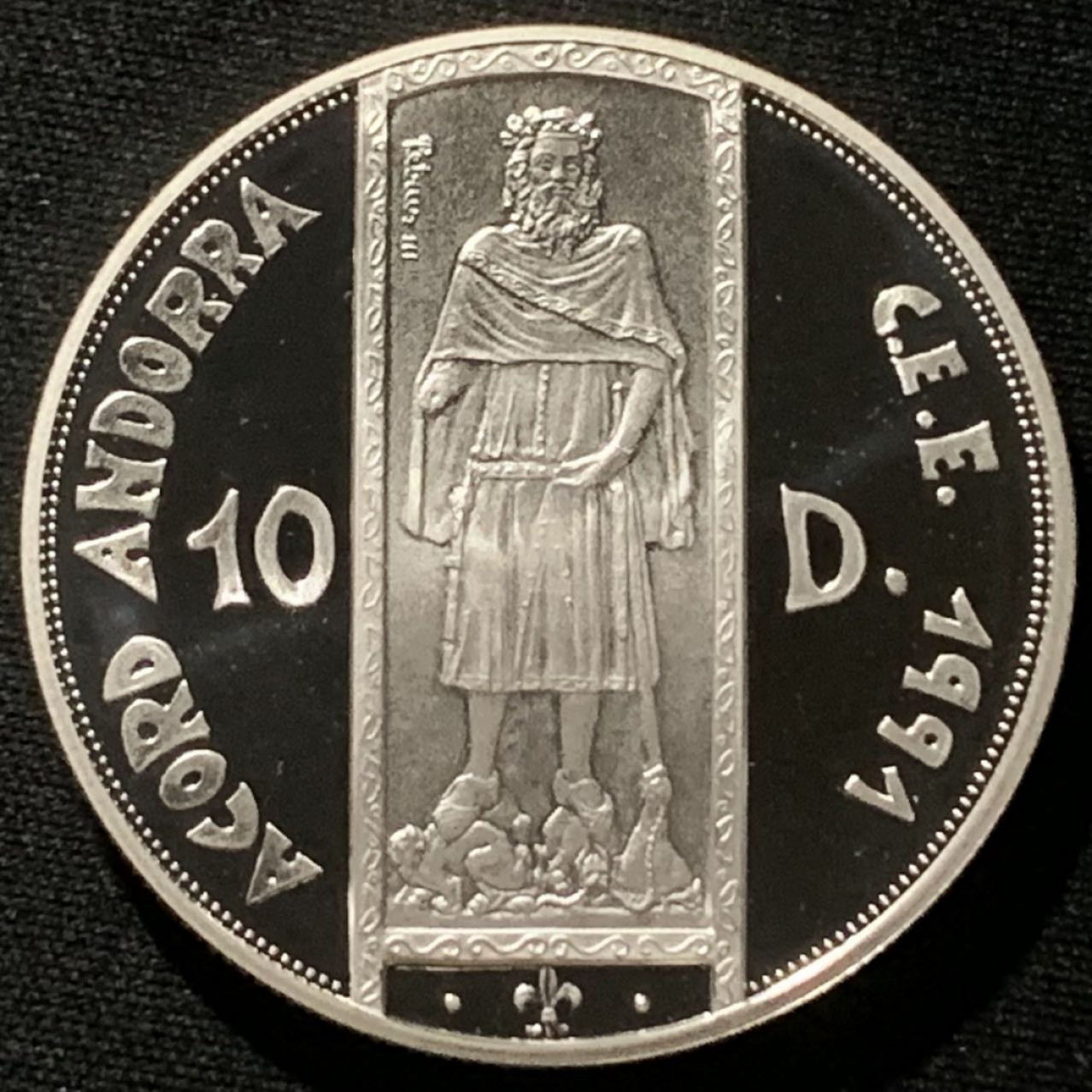 紫瑗钱币——第166期拍卖 安道尔 1994年 关税同盟 10第纳尔 31.47克 0.925银 精制