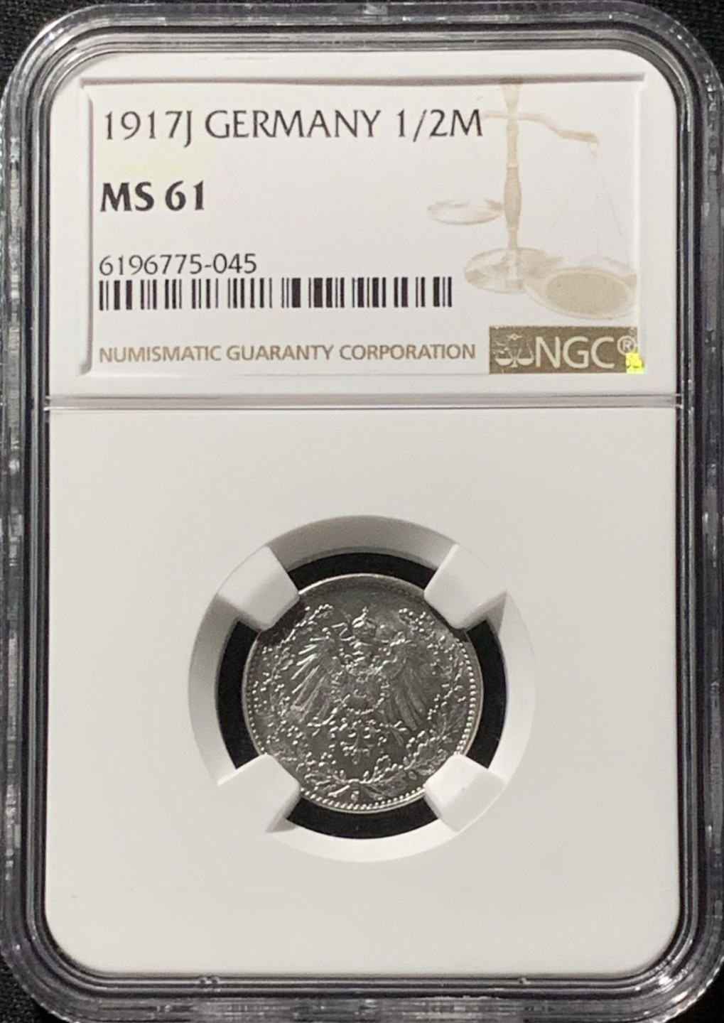 紫瑗钱币——第166期拍卖 德国 1917年 J版 第二帝国 1/2马克 银币 NGC MS61