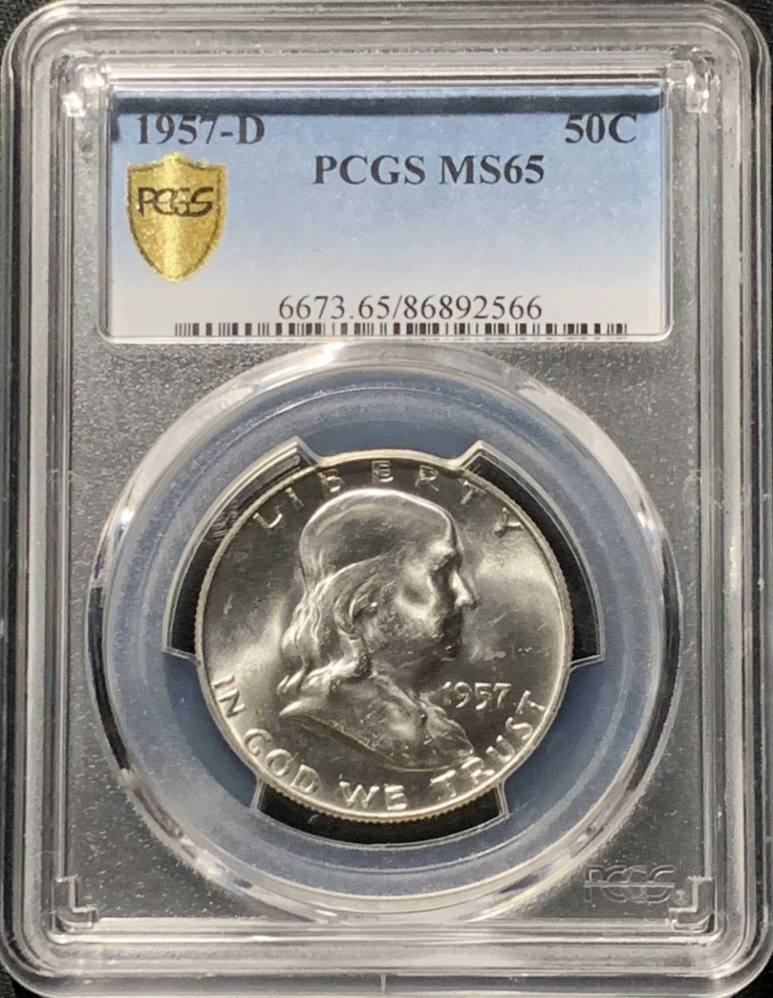 紫瑗钱币——第166期拍卖 美国 1957年 D版 富兰克林 50美分 半美元 银币 PCGS MS65
