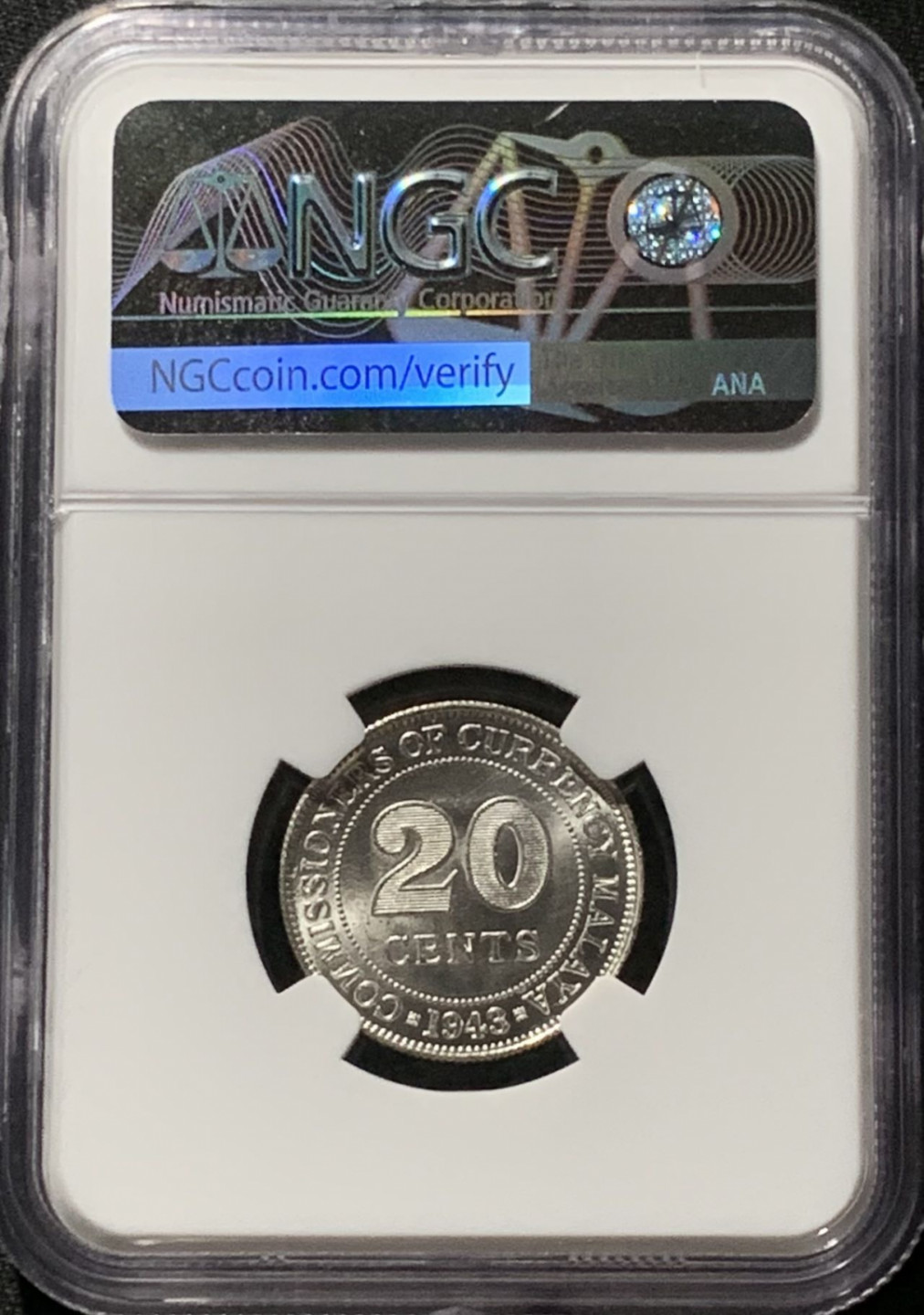 紫瑗钱币——第166期拍卖 马来亚 1943年 乔治六世 20分 银币 NGC MS65