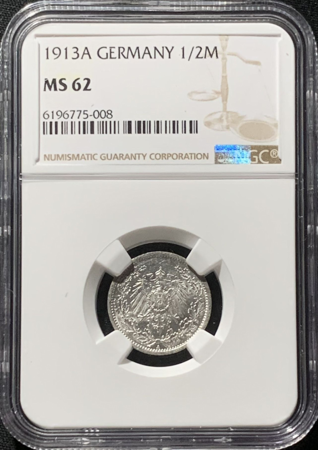 紫瑗钱币——第166期拍卖 德国 1913年 A版 第二帝国 1/2马克 银币 NGC MS62