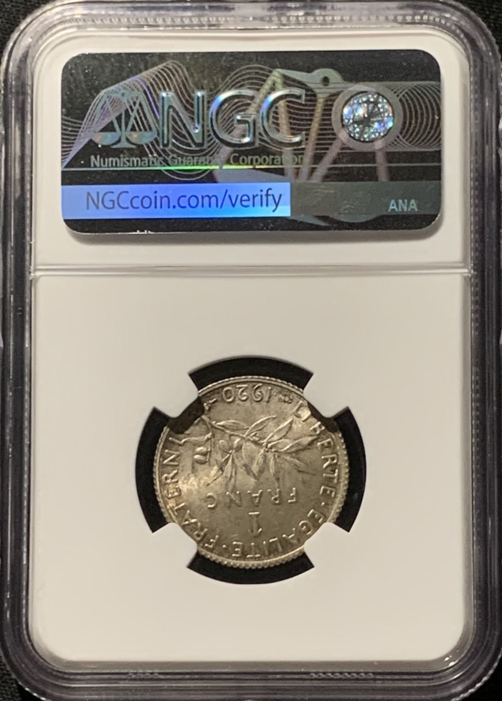 紫瑗钱币——第166期拍卖 法国 1920年 播种女神 1法郎 银币 NGC MS64 环彩