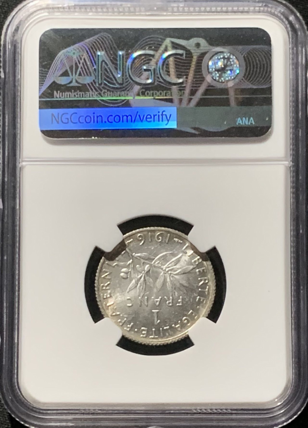 紫瑗钱币——第166期拍卖 法国 1916年 播种女神 1法郎 银币 NGC MS62 黑白双煞