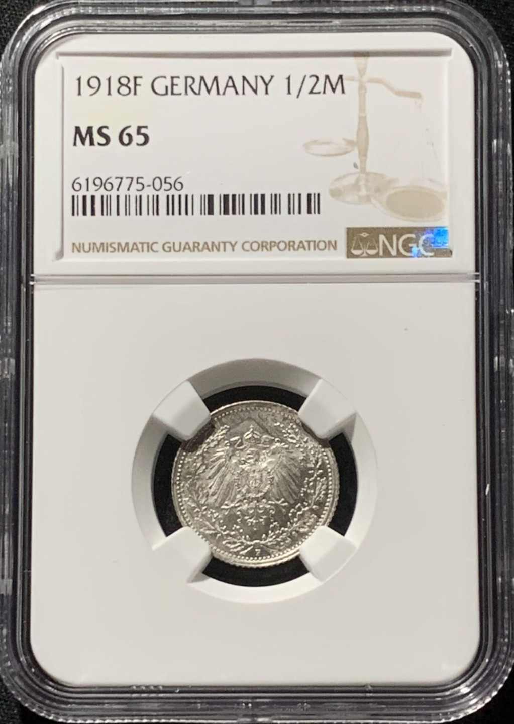 紫瑗钱币——第166期拍卖 德国 1918年 F版 第二帝国 1/2马克 银币 NGC MS65
