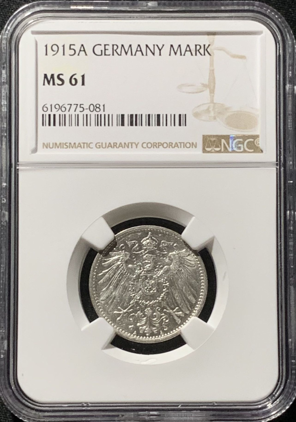 紫瑗钱币——第166期拍卖 德国 1915年 A版 第二帝国 长翅 1马克 银币 NGC MS61
