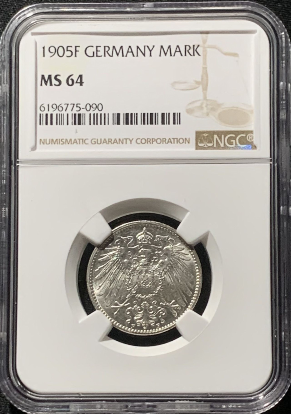 紫瑗钱币——第166期拍卖 德国 1905年 F版 第二帝国 长翅 1马克 银币 NGC MS64