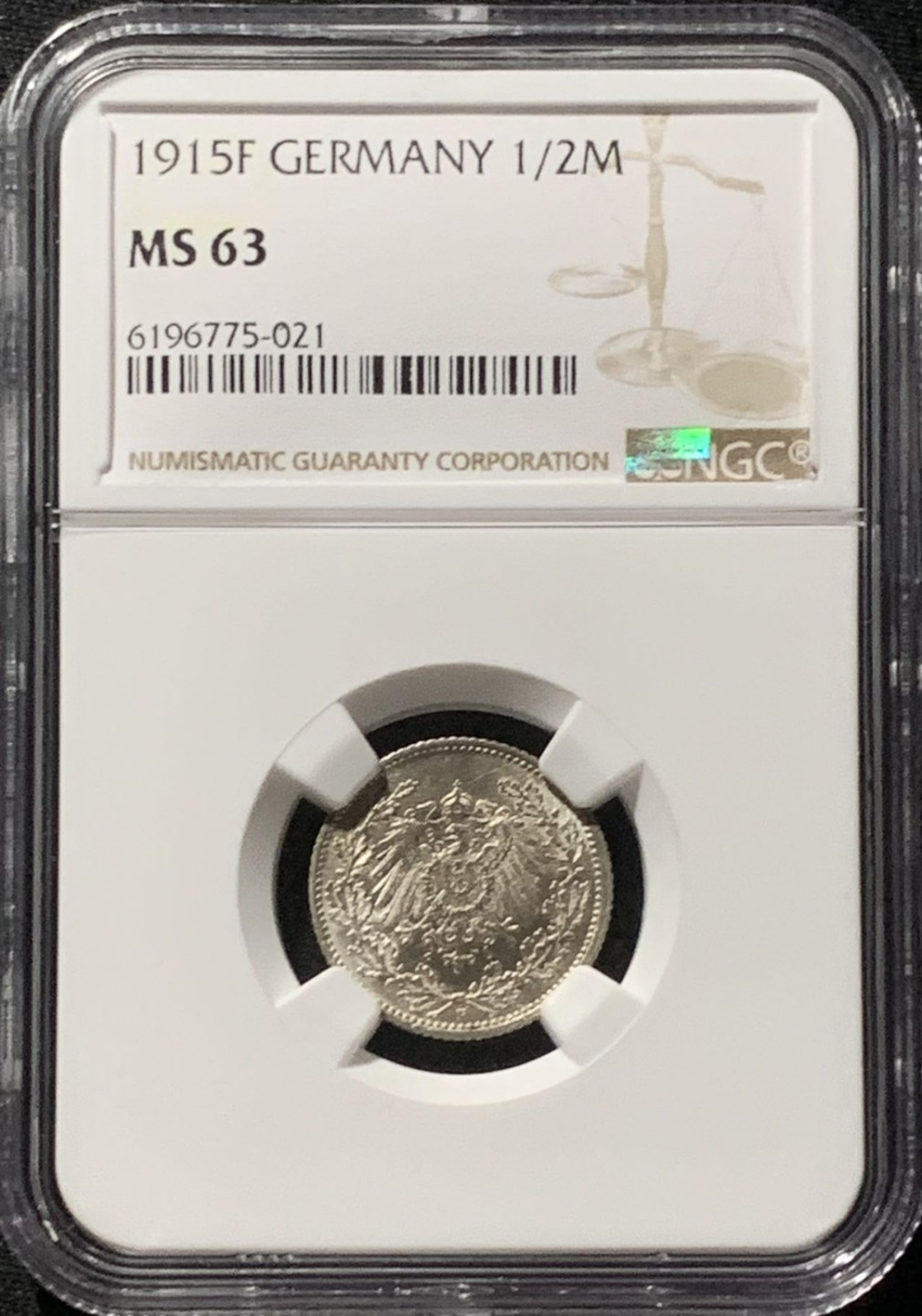 紫瑗钱币——第166期拍卖 德国 1915年 F版 第二帝国 1/2马克 银币 NGC MS63