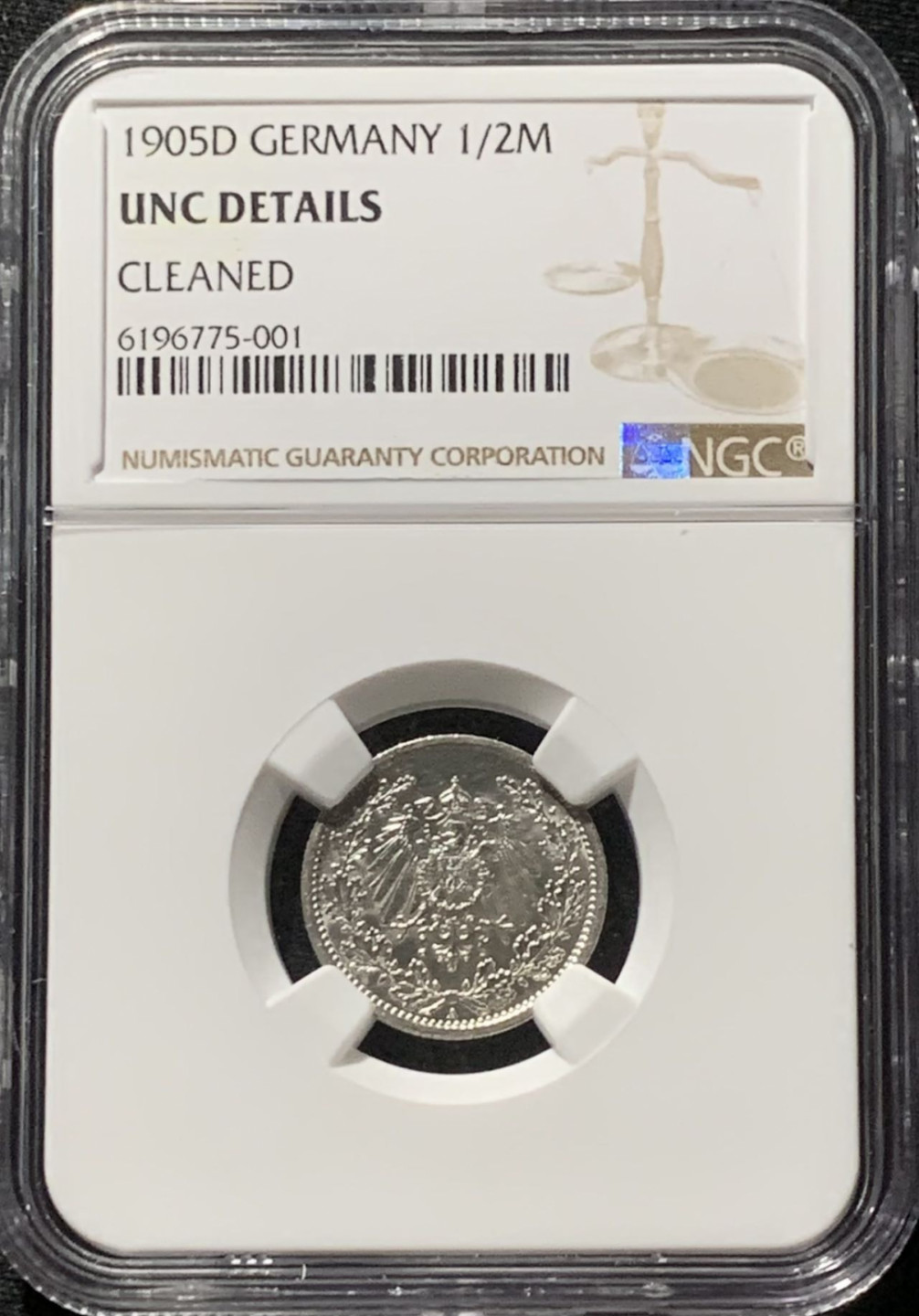 紫瑗钱币——第166期拍卖 德国 1905年 D版 第二帝国 1/2马克 银币 NGC UNC Detail