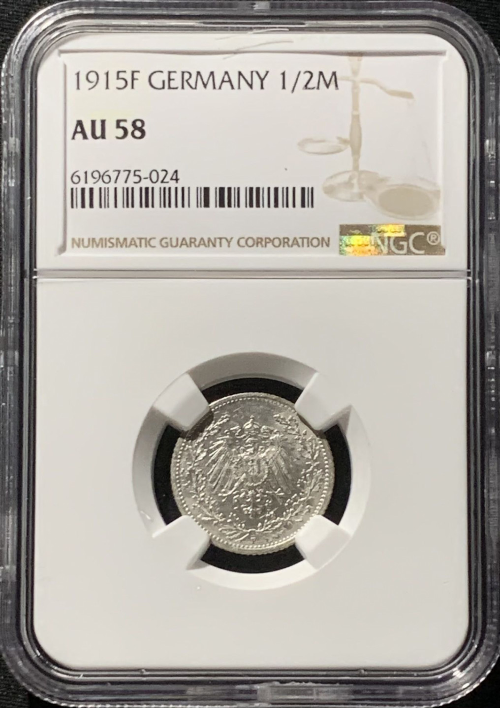 紫瑗钱币——第166期拍卖 德国 1915年 F版 第二帝国 1/2马克 银币 NGC AU58