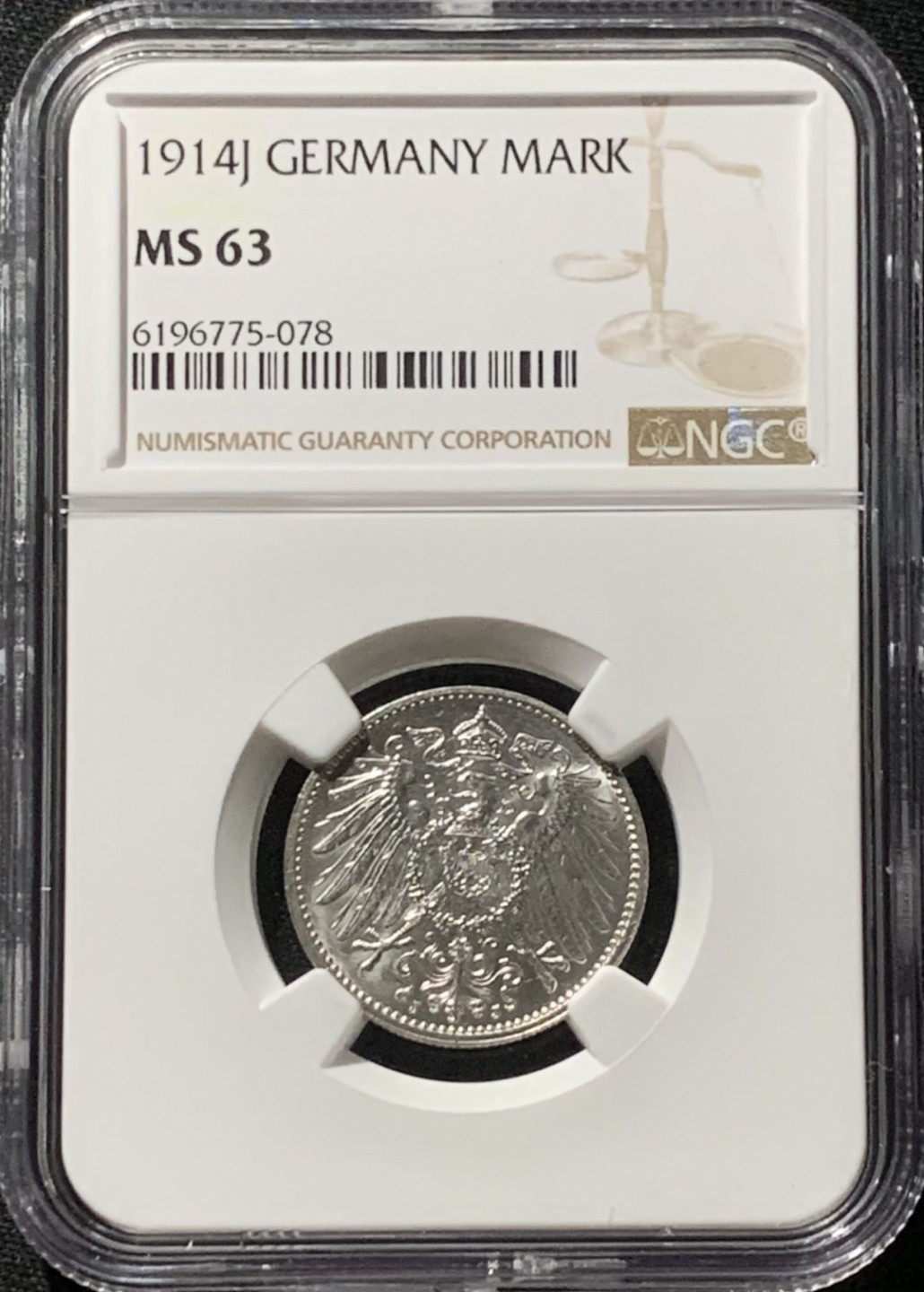 紫瑗钱币——第166期拍卖 德国 1914年 J版 第二帝国 长翅 1马克 银币 NGC MS63