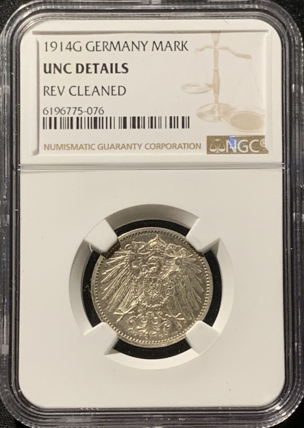 紫瑗钱币——第166期拍卖 德国 1914年 G版 第二帝国 长翅 1马克 银币 NGC UNC Detail