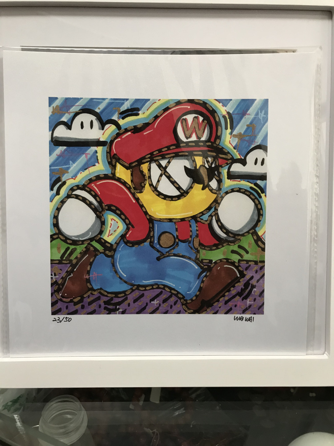 零元拍：歪歪亲笔签名 OWSON系列限量插画复制画《超级玛丽》，尺寸约22/22厘米，拍品不含镜框